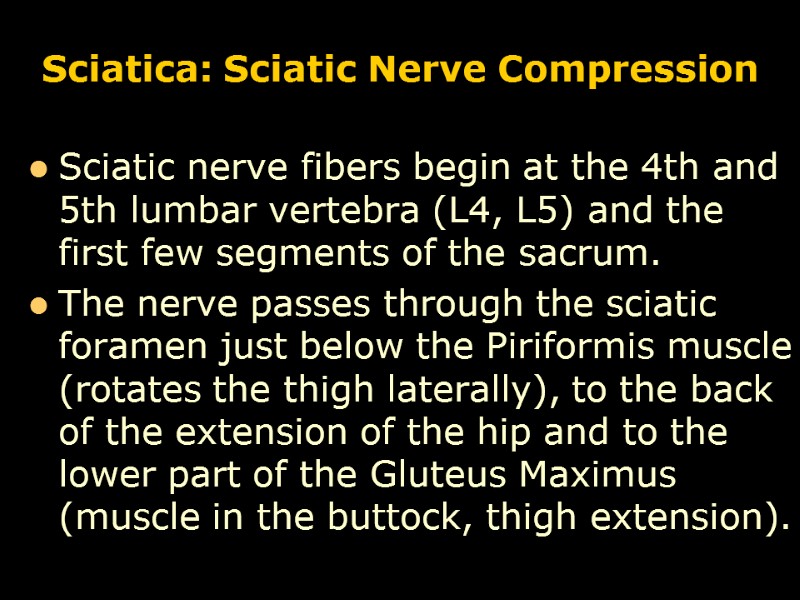 Sciatica: Sciatic Nerve Compression Sciatic nerve fibers begin at the 4th and 5th lumbar